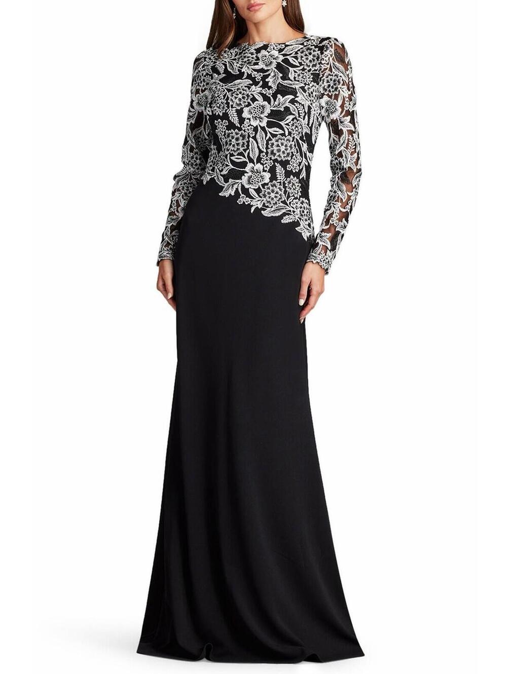 New Tadashi Shoji Sequin Lace Long Sleeve Crepe Gown In Ivory Black Sz 8 $418